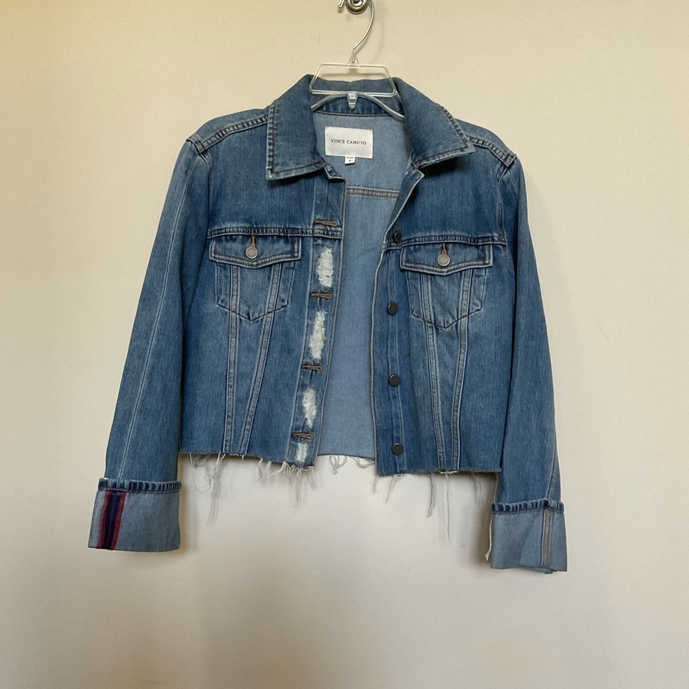 Vince Camuto Cropped Distressed Raw Hem Edge Blue Denim Jacket Size XS